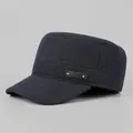 Detailed view of winter cadet cap fabric with metal rivet fashion brand label - Adjustable / Navy Blue
