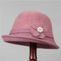 Detail of elegant knit bucket hat with dusty rose flower, pearl, and rhinestone decor - M (56-58cm) / Pink