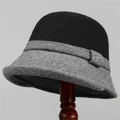 Detail of wool blend cloche hat with houndstooth pattern and elegant bow decoration - M (56-58cm) / Black