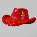 Detail of red plush Christmas cowboy hat with golden snowflake patterns and soft texture - M (56-58cm) / Red
