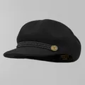 Detail of wool baker boy hat featuring braided cord and star-embossed metal button - Adjustable / Black