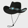 Detalle de sombrero vaquero con bordado floral azul y gema turquesa en la banda - M (56-58cm) / Negro
