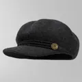 Detailed view of grey wool newsboy cap with braided cord and vintage gold star button - Adjustable / Deep Heather Grey
