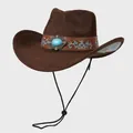 Detalle de un sombrero vaquero marrón con bordado azul y adorno de piedra turquesa tallada - M (56-58cm) / Café