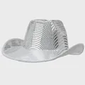Dettaglio di un cappello da cowboy disco argento con specchietti e glitter fini - Liscio / Argento