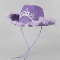 Detail of purple cowboy hat with feather trim and a sequined crown for party wear - M (56-58cm) / Purple