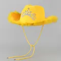 Close-up of bright yellow cowboy hat featuring fluffy feather trim and rhinestone crown - M (56-58cm) / Yellow