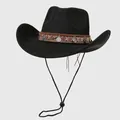 Detail of black cowboy hat with ethnic embroidery and silver metal studs on the brim - M (56-58cm) / Black