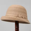 Elegant khaki knit cloche hat for elderly women featuring 3D floral accents with sequins - M (56-58cm) / Khaki