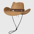 Detail of camel suede cowboy hat featuring woven ethnic band and silver metal pendants - M (56-58cm) / Camel
