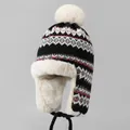 Détail du tricot et de la doublure en fausse fourrure de la chapka d'hiver - M (56-58cm) / Noir