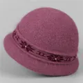 Detail of purple knit hat with pearl accents and floral embroidery for women - One Size Stretchy / Dusty Rose