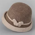 Vintage wool cloche hat for women featuring a stylish bow and contrast brim for winter - M (56-58cm) / Mocha