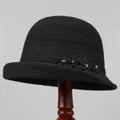 Detail of black knit cloche hat with floral accents and sparkling rhinestones for women - M (56-58cm) / Black