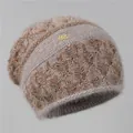 Thick brown double-layer knit beanie for women with fuzzy faux fur and metallic buckle - One Size Stretchy / Khaki
