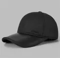 Detail of black baseball cap for elderly men with leather brim and SPORTS relief - Adjustable / Black