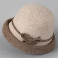Detail of the oatmeal wool cloche hat with a brown bow and contrast rolled brim - M (56-58cm) / Beige