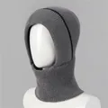Detailed texture of gray ribbed knit winter balaclava hood with black stripe trim - One Size Stretchy / Gray