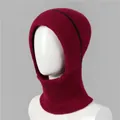 Detail of burgundy ribbed knit balaclava hat with black stripe and thermal lining - One Size Stretchy / Burgundy