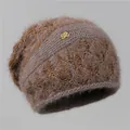 Detail of dark brown knit beanie with plush mohair texture and gold rhinestone SS buckle - One Size Stretchy / Dark Khaki