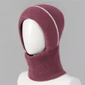 Close-up of purple knit balaclava hat with white stripes and ribbed warm wool texture - One Size Stretchy / Dusty Pink