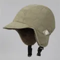 Close-up of khaki quilted trapper hat with warm brown sherpa fleece lining and buckle strap - M (56-58cm) / Fruit Green