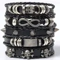 Ensemble de bracelets punk noirs en cuir avec breloques crâne et infini en métal - Style 7/Ensemble de Bracelets Punk en Cuir Noir avec Symbole de l'Infini et Pointes
