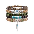 Set di 5 bracciali boho in legno con ciondolo occhio di Allah e piuma d'argento - Stile Ciondolo Piuma Malocchio (3)