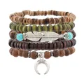 Set di 5 bracciali bohémien con perline di legno e ciondoli a piuma d'argento e mezza luna - Stile Piuma Luna Crescente (4)