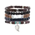 Detail von mehrlagigen Boho-Holzperlenarmbändern mit Blatt- und Unendlichkeitsanhänger - Unendlichkeitssymbol Hohles Blatt Stil (5)