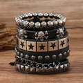 5-piece set of punk leather bracelets with silver skull and star alloy metal charms - Skull Stars And Rivets Six Piece Combination (09)