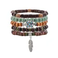 5-teiliges Boho-Perlenarmband-Set mit Holzperlen sowie Blumen- und Federanhängern - Hohlblumen Feder Anhänger Stil (8)