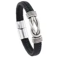 Men's black braided PU leather bracelet featuring a silver infinity knot and magnetic clasp - Black and White
