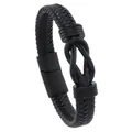 Macro shot of black woven PU leather bracelet featuring a magnetic figure-eight metal clasp - All Black