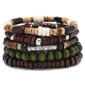 Fünfteiliges böhmisches mehrlagiges Holzperlen- und Kokosnussschalen-Stretch-Armbandset - Ethno Geprägtes Metallrohr Stil (11)