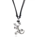 Detail of gecko pendant in vintage silver finish with textured skin on black cord - Gecko Shape