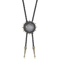 Detailed view of solar gem Bolo Tie with vintage metal sunburst and black braided cord - Gray