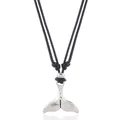 Close-up of a silver whale tail pendant on a black cord necklace for men - Fishtail Design