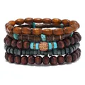 Mehrlagiges Boho-Holzperlenarmband-Set mit Türkissteinen und geometrischer Hauptperle - Rotbraune Geometrische Texturperle Stil (14)