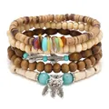 Böhmisches mehrlagiges Holzperlen-Armband-Set mit Silberkaktus- und Federanhängern - Kaktus Feder Stammes Anhänger Stil (15)