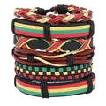 Detail of multi-layer handmade leather bracelets with red yellow green weave - Style 1