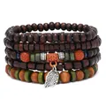 Mehrlagiges Boho-Holzperlenarmband Set mit Blattanhänger und ethnischen Details - Kreuztextur Rote Perle Blatt Anhänger Stil (19)