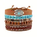 Set di bracciali bohémien in pelle con ciondolo girasole turchese e perline di legno - Stile Pelle Girasole Turchese(1)
