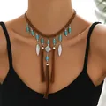 Bohemian woven choker necklace with silver feathers and turquoise beads on leather cord - Tassel Style