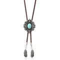 Vintage Bolo-Krawatte mit Türkis-Blume und dekorativen Federanhängern aus Silber - Antikes Muster Braunes Seil