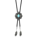 Detailaufnahme des Vintage-Bolo-Tie mit Türkis-Mittelstück und Metall-Federanhängern - Antikes Muster Schwarzes Seil