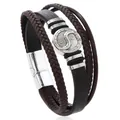 Detail of multi-layer leather bracelet with dragon tai chi magnet clasp and braided ropes - Coffee