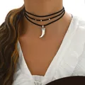 Three-layer bohemian choker necklace with silver horn pendant and metallic bead accents - Crescent Moon Style