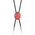 Detail of a western bolo tie featuring a red oval gemstone and engraved silver tips - Oval Red