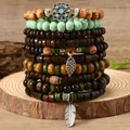 Bohemian multilayer wooden bead bracelet set with leaf charms and elastic string. - Leaf Feather Style